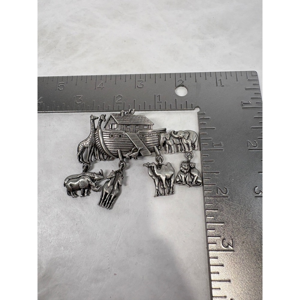 JJ Jonette Noahs Ark Brooch Pewter Tone Dangling Animal Charms Vintage Pin - Picture 6 of 6